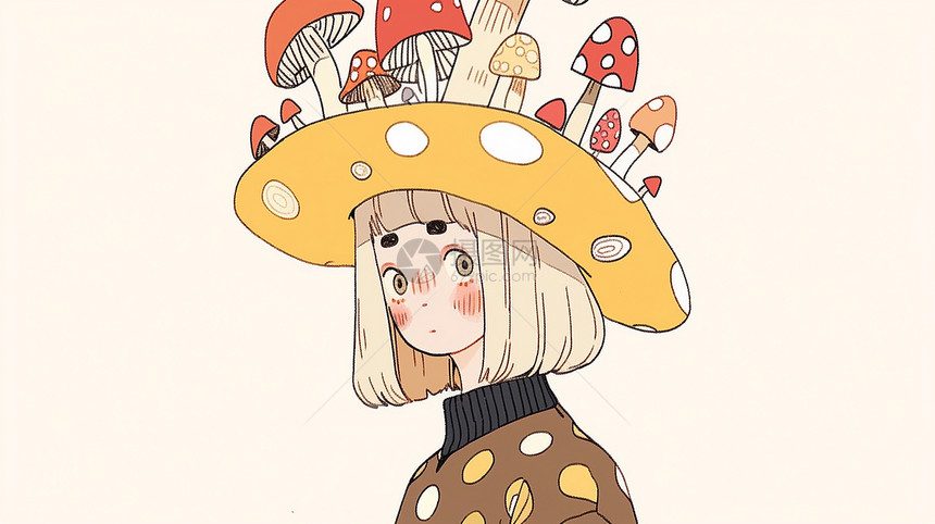 戴着蘑菇帽子的可爱的短发卡通小女孩图片