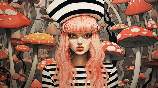 粉色长发时尚漂亮的卡通女人在蘑菇前背景图片