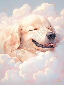 米色可爱的卡通小奶狗趴在云朵上睡觉背景图片