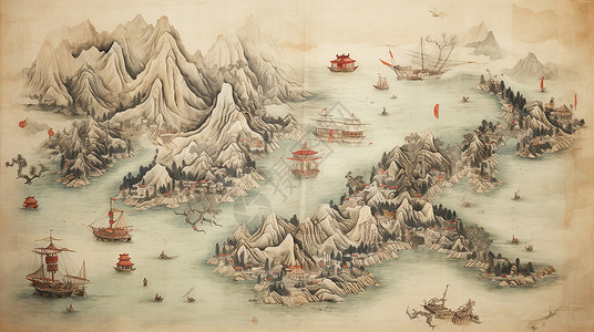 古代地图古风山川环绕的湖泊中几条小船插画