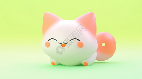粉色招财猫绿色背景粉色耳朵开心笑的可爱卡通小白猫插画