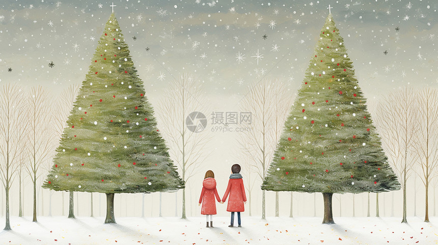 站在圣诞树下手拉着手的卡通男孩女孩背影图片