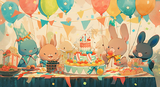 小动物气球可爱的卡通小动物们在过生日插画
