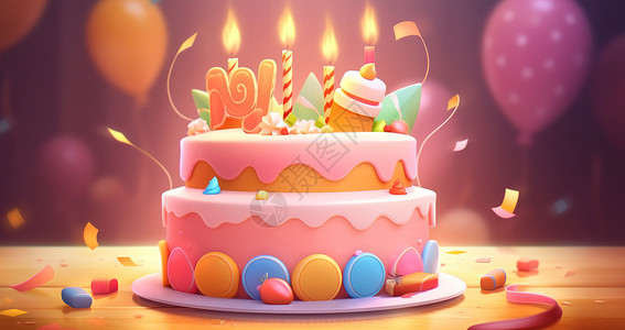 点燃蜡烛美味的卡通生日蛋糕背景图片