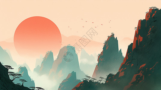 云雾缭绕的古风山川与远处的红色唯美山峰卡通风景背景图片