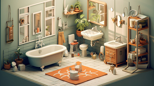 立体卡通浴室放着橙色地垫的卡通浴室插画
