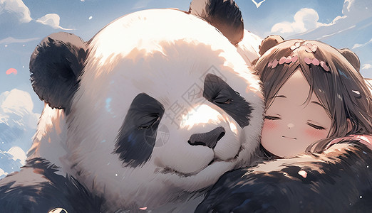 可爱的卡通小女孩与大熊猫拥抱在一起背景图片
