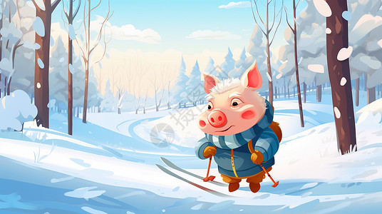 穿着背带的小猪穿着很厚头发花白的卡通小猪走在雪地中插画