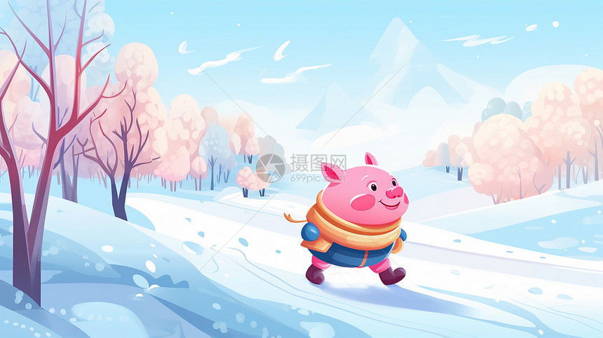 在雪地中玩耍开心笑的卡通小猪图片