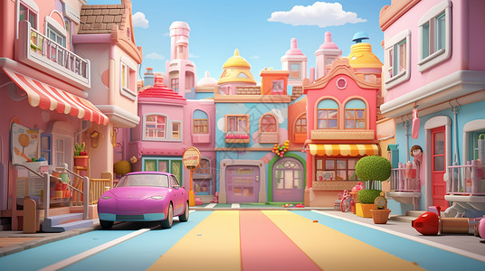 一辆粉色可爱的卡通汽车停在院子内电商卡通背景背景图片
