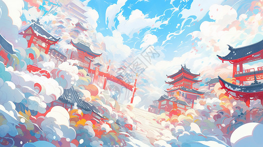 在高处的红色喜庆的古风建筑与祥云场景插画背景图片