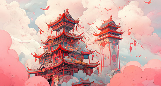 粉色云朵上喜庆的古风卡通建筑背景图片