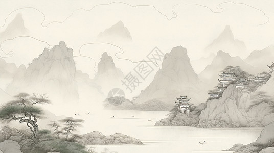 山中的藏寨远处山中一座卡通古建筑插画