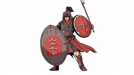 拿着红色盾牌穿着盔甲的古风卡通战士背景图片