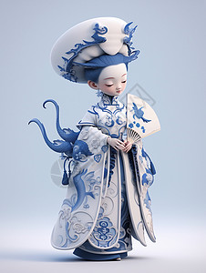 青花瓷扇子拿着扇子穿着青花瓷服装的优雅大气古风卡通女孩插画
