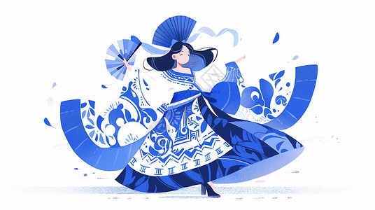 人物素材长裙穿着蓝色古风大长裙跳舞的卡通女孩插画