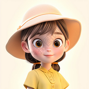 戴帽子的女孩穿着黄色T恤大眼睛可爱的卡通女孩插画