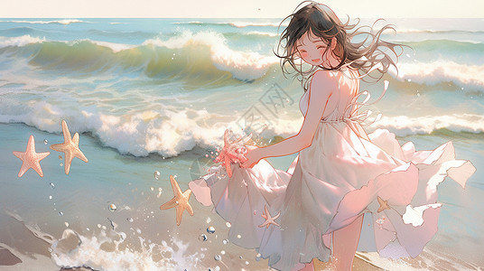在海边嬉戏玩耍的穿白色裙子的卡通小女孩背景图片