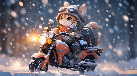 酷酷的卡通小猫骑摩托车在路上背景图片