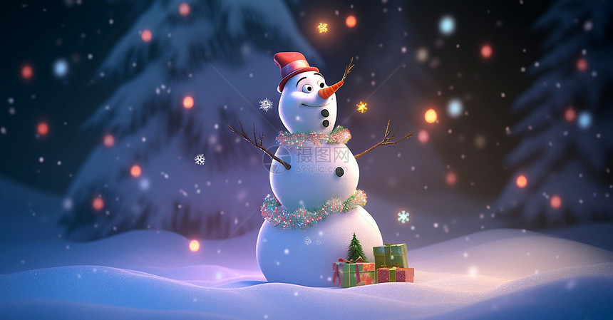 有圣诞装饰的可爱卡通雪人图片
