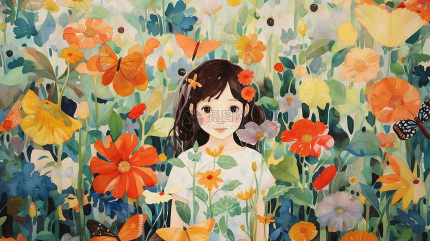 站在花丛中可爱的卡通小女孩图片