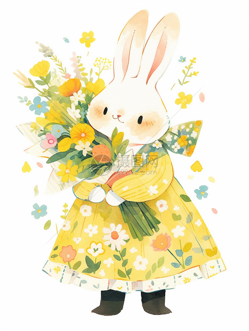 抱着花束可爱的卡通小白兔图片