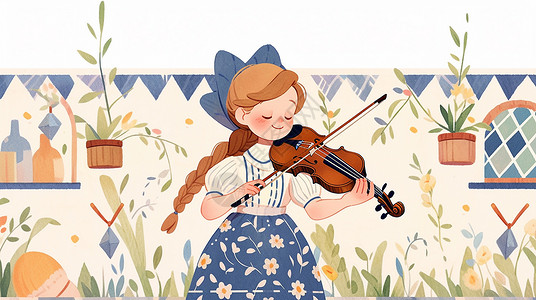 半身裙子穿蓝色半身花裙子的可爱卡通小女孩在拉小提琴插画
