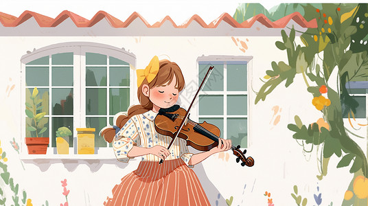 小提琴儿童在白色屋外穿橙色半身裙的小清新卡通女孩在拉小提琴插画