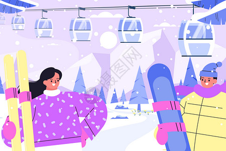 雪山缆车冬季情侣在滑雪场滑雪插画
