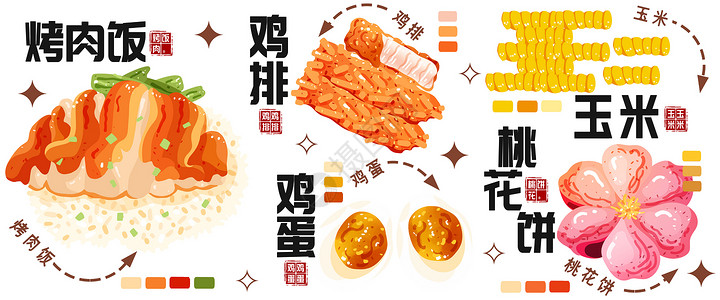 香葱鸡蛋饼秋冬美食插画鸡排玉米烤肉饭插画