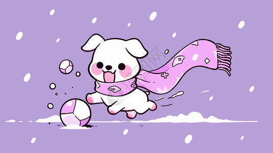戴着长围巾在雪地中玩球的可爱卡通小白狗插画