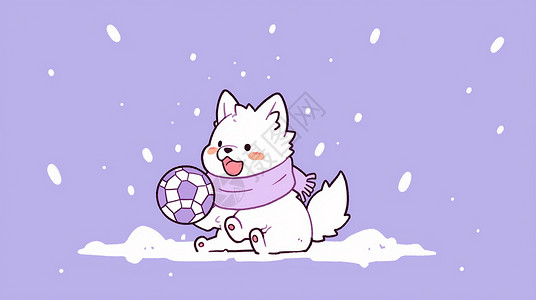 戴着紫色围巾坐在雪地中的卡通小狗在玩球高清图片