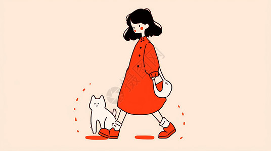 与小猫一起散步走路的可爱卡通小女孩背景图片