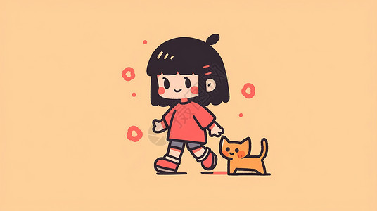 手背在身后可爱的卡通小女孩在走路身后跟着小花猫插画
