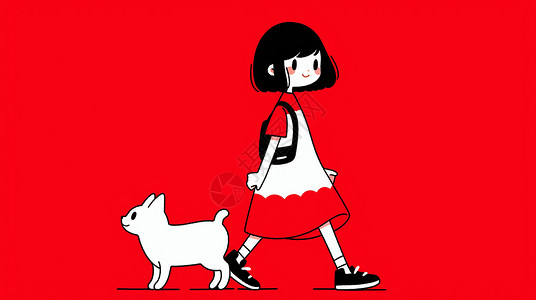 红色背景上可爱的卡通小女孩与小白猫背景图片