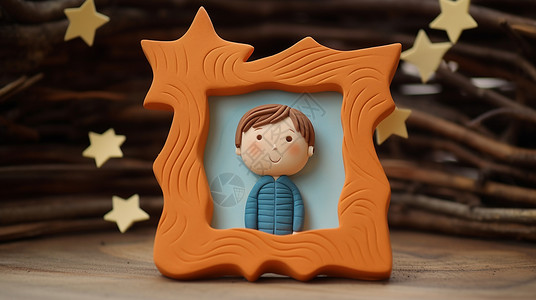 黏土风立体可爱的相框中一个微笑的卡通小男孩插画