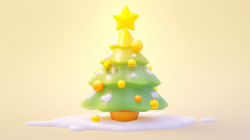 在雪地上一棵有黄色小灯装饰的立体卡通圣诞树图片