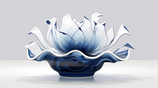 复古蓝抽象蓝色调花朵摆件插画