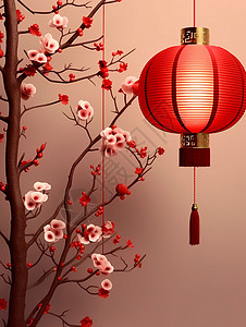 喜上梅梢喜庆的节日梅花枝上挂着一个大红色的卡通灯笼插画