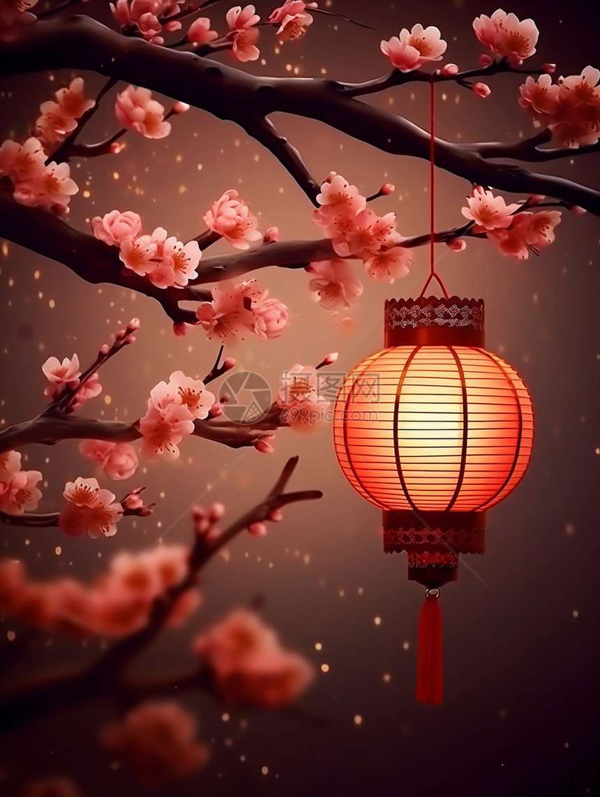 梅花树枝上挂着喜庆的卡通灯笼图片