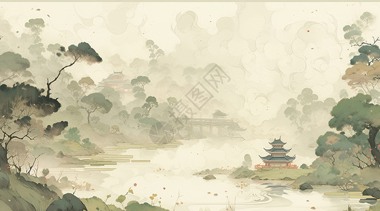 河边卡通云雾缭绕的河边一座古风卡通建筑插画