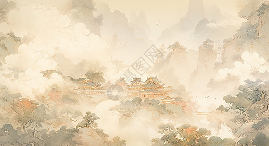 极简中国风古建筑云雾缭绕的仙境山川中一座古建筑古风山水画插画