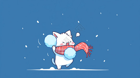 戴着红色格子围巾开心玩雪球的卡通小猫插画