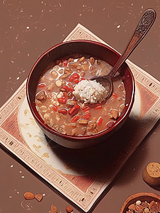 在复古的碗中一碗传统美食腊八粥卡通插画背景图片