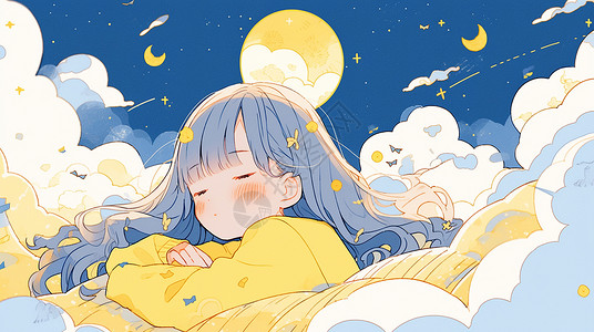 在云朵上穿黄色衣睡觉的可爱卡通小女孩背景图片