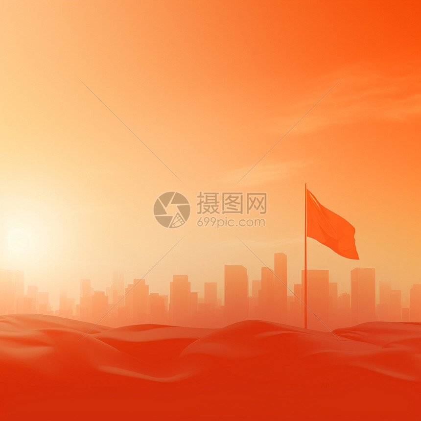 简约喜庆的卡通城市剪影与一个小旗子图片