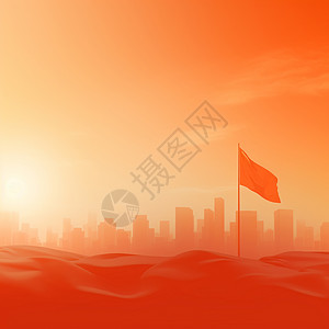 简约喜庆的卡通城市剪影与一个小旗子背景图片