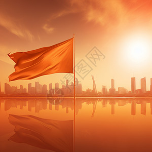 喜庆的红旗与远处的卡通城市剪影背景图片