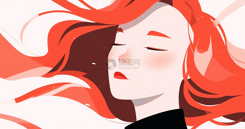 红唇闭着眼睛的长发卡通女孩扁平风图片