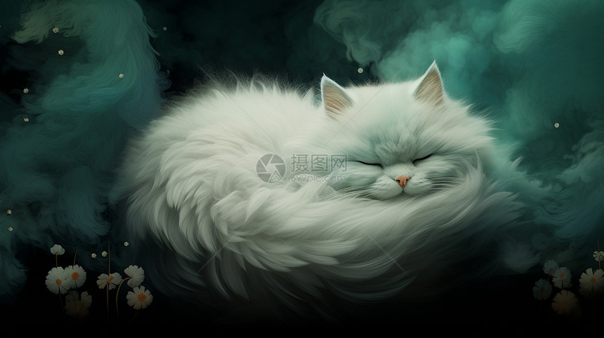 夜晚白色可爱的卡通猫在睡觉图片